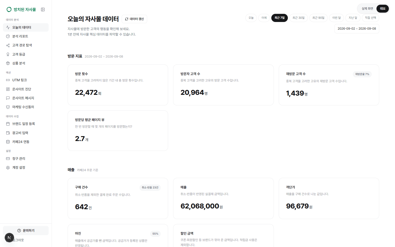 오늘의 데이터 화면